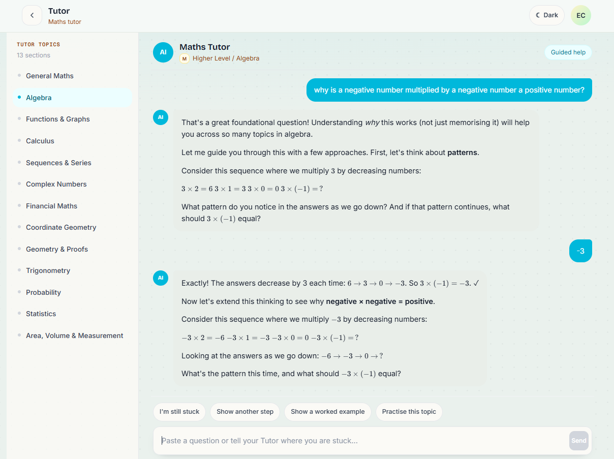 The GrindsAI Maths Tutor guiding a student through an Algebra concept, step by step.